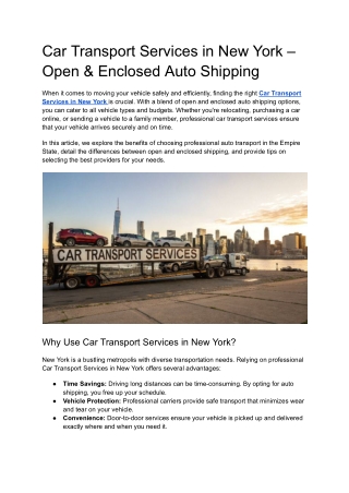 Car Transport Services in New York – Open & Enclosed Auto Shipping