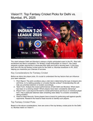 Vision11_ Top Fantasy Cricket Picks for Delhi vs Mumbai, IPL 2025