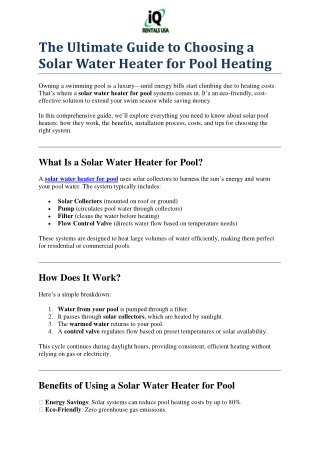 The Ultimate Guide to Choosing a Solar Water Heater for Pool Heating