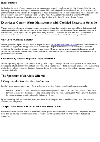 Experience Quality Waste Management with Certified Experts in Orlando