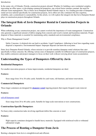 The Integral Role of Javis Dumpster Rental in Construction Projects in Orlando