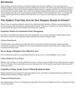 Why Builders Trust Only Javis for their Dumpster Rentals in Orlando