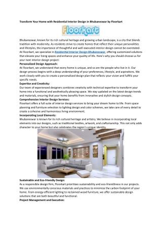 Transform Your Home with Residential Interior Design in Bhubaneswar by Floorkart