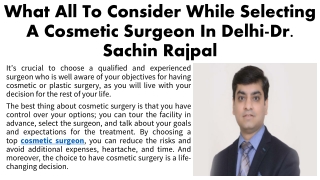 what all to consider while selecting a cosmetic surgeon in delhi dr sachin rajpal