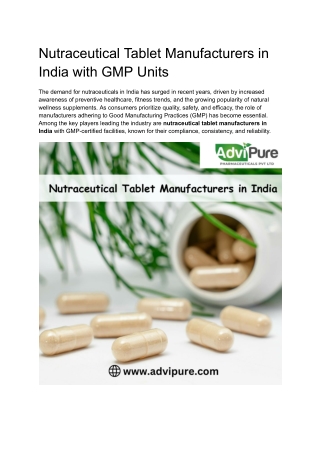 Nutraceutical Tablet Manufacturers in India with GMP Units