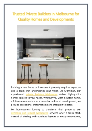 Trusted Private Builders in Melbourne for Quality Homes and Developments