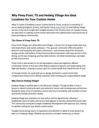 Why Piney Point, TX and Hedwig Village Are Ideal Locations for Your Custom Home