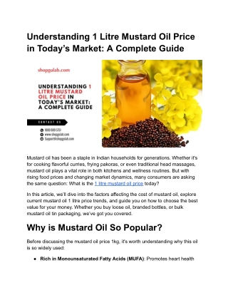 Understanding 1 Litre Mustard Oil Price in Today’s Market_ A Complete Guide