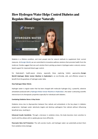 How Hydrogen Water Helps Control Diabetes and Regulate Blood Sugar Naturally