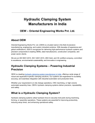 Hydraulic Clamping System Manufacturers in India - OEW