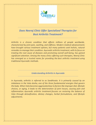 Does Neeraj Clinic Offer Specialized Therapies for Best Arthritis Treatment