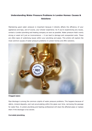 Understanding Water Pressure Problems in London Homes Causes & Solutions