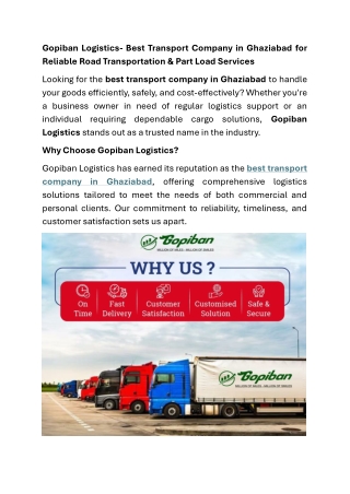 Gopiban Logistics- Best Transport Company in Ghaziabad for Reliable Road Transportation & Part Load Services