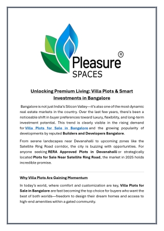 Unlocking Premium Living  Villa Plots & Smart Investments in Bangalore