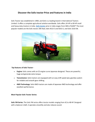 Discover the Solis tractor Price and Features in India