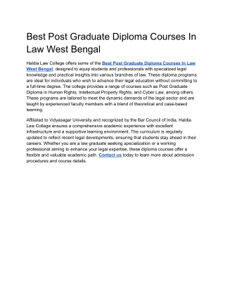 Best Post Graduate Diploma Courses In Law West Bengal