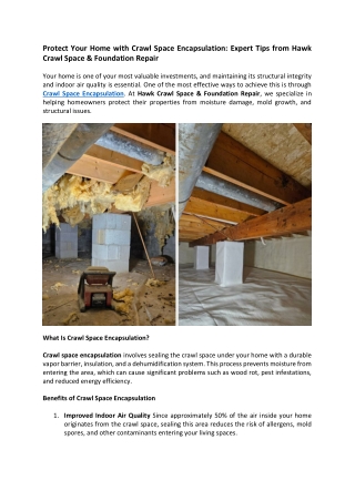 Protect Your Home with Crawl Space Encapsulation- Expert Tips from Hawk Crawl Space & Foundation Repair