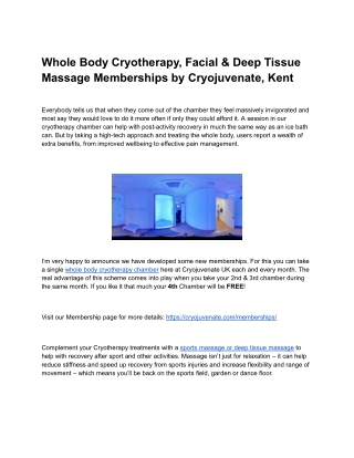 Whole Body Cryotherapy, Facial & Deep Tissue Massage Memberships