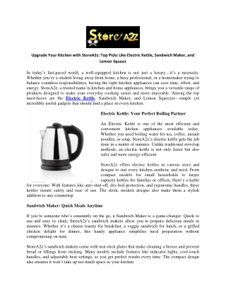 Upgrade Your Kitchen with StoreA2z Top Picks Like Electric Kettle Sandwich Maker and Lemon Squeez