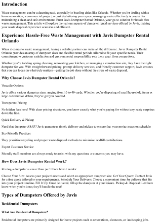 Experience Hassle-Free Waste Management with Javis Dumpster Rental Orlando