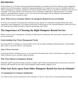 Javis: Where Every Customer Matters for Dumpster Rental Services in Orlando