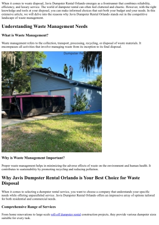 Why Javis Dumpster Rental Orlando is Your Best Choice for Waste Disposal
