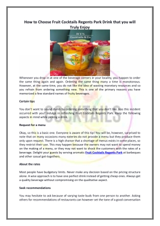 How to Choose Fruit Cocktails Regents Park Drink that you will Truly Enjoy