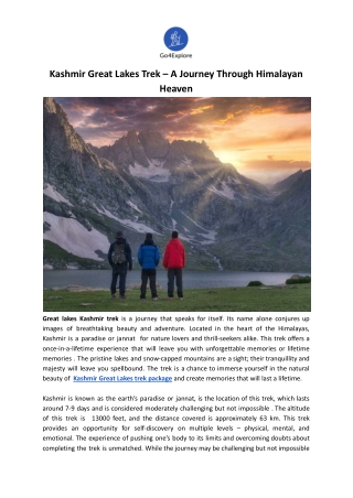 Kashmir Great Lakes Trek – A Journey Through Himalayan Heaven