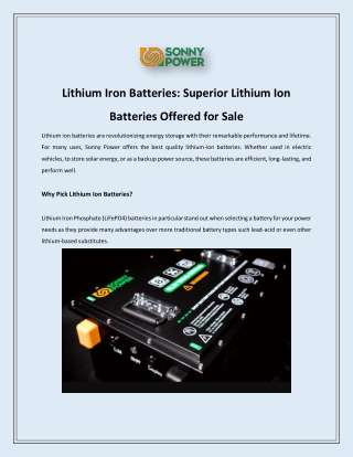 Lithium Iron Batteries: Superior Lithium Ion Batteries Offered for Sale