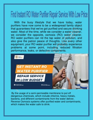 Find Instant RO Water Purifier Repair Service With Low Price