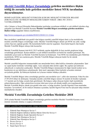 Mesleki Yeterlilik Belgesi Zorunluluğu