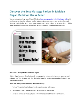 Discover the Best Massage Parlors in Malviya Nagar, Delhi for Stress Relief