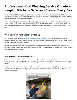 Professional Hood Cleaning Service Ontario – Keeping Kitchens Safer and Cleaner Every Day