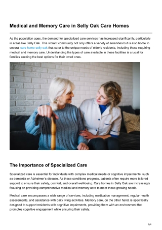 Medical and Memory Care in Selly Oak Care Homes