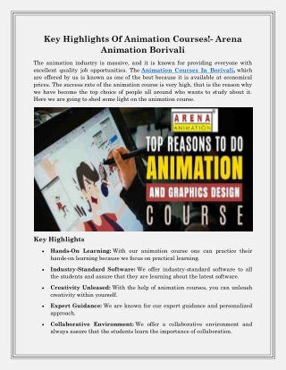 key highlights of animation courses arena