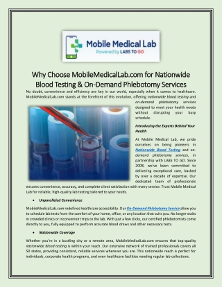 Why Choose MobileMedicalLab.com for Nationwide Blood Testing & On-Demand Phlebotomy Services