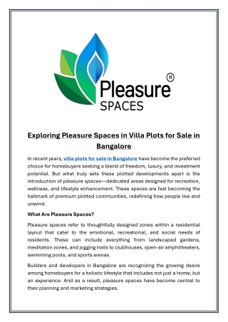 Exploring Pleasure Spaces in Villa Plots for Sale in Bangalore