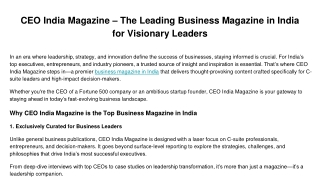 CEO India Magazine – The Leading Business Magazine in India for Visionary Leaders