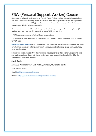 PSW Personal Support Worker Course