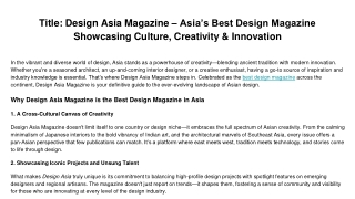 Design Asia Magazine – Asia’s Best Design Magazine Showcasing Culture, Creativity & Innovation