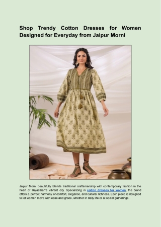 Shop Trendy Cotton Dresses for Women Designed for Everyday from Jaipur Morni