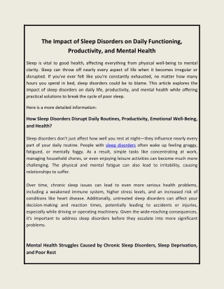 The Impact of Sleep Disorders on Daily Functioning, Productivity, and Mental Health