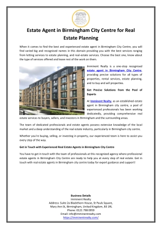 Estate Agent in Birmingham City Centre for Real Estate Planning