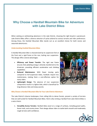 Why Choose a Hardtail Mountain Bike for Adventure with Lake District Bikes