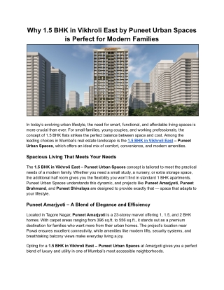 Why 1.5 BHK in Vikhroli East by Puneet Urban Spaces is Perfect for Modern Families