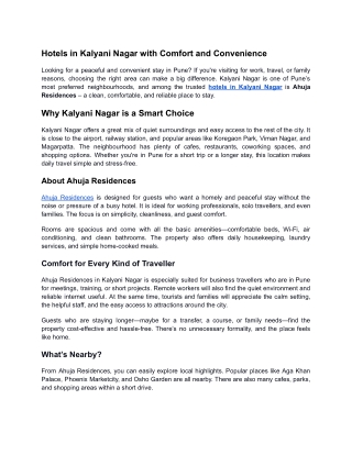 Hotels in Kalyani Nagar with Comfort and Convenience