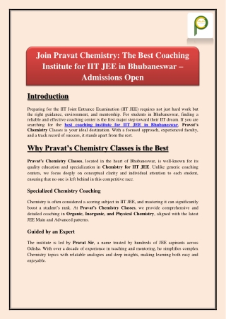 Join Pravat Chemistry - The Best Coaching Institute for IIT JEE in Bhubaneswar – Admissions Open