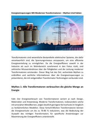 Energieeinsparungen Mit Modernen Transformatoren – Mythen Und Fakten