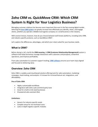 Zoho CRM vs. QuickMove CRM: Which CRM System Is Right for Your Logistics Busines