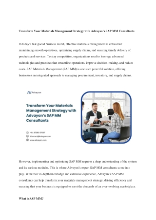 Transform Your Materials Management Strategy with Advayan’s SAP MM Consultants